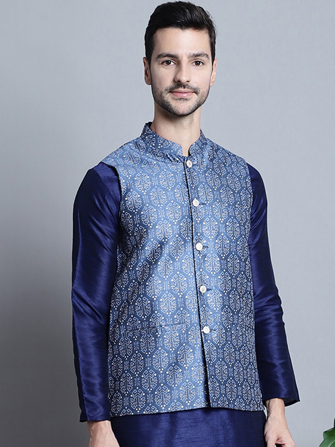 

Jompers Printed Nehru Jacket, Blue
