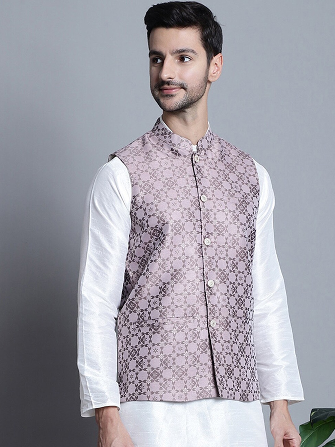 

Jompers Woven Design Nehru Jacket, Magenta