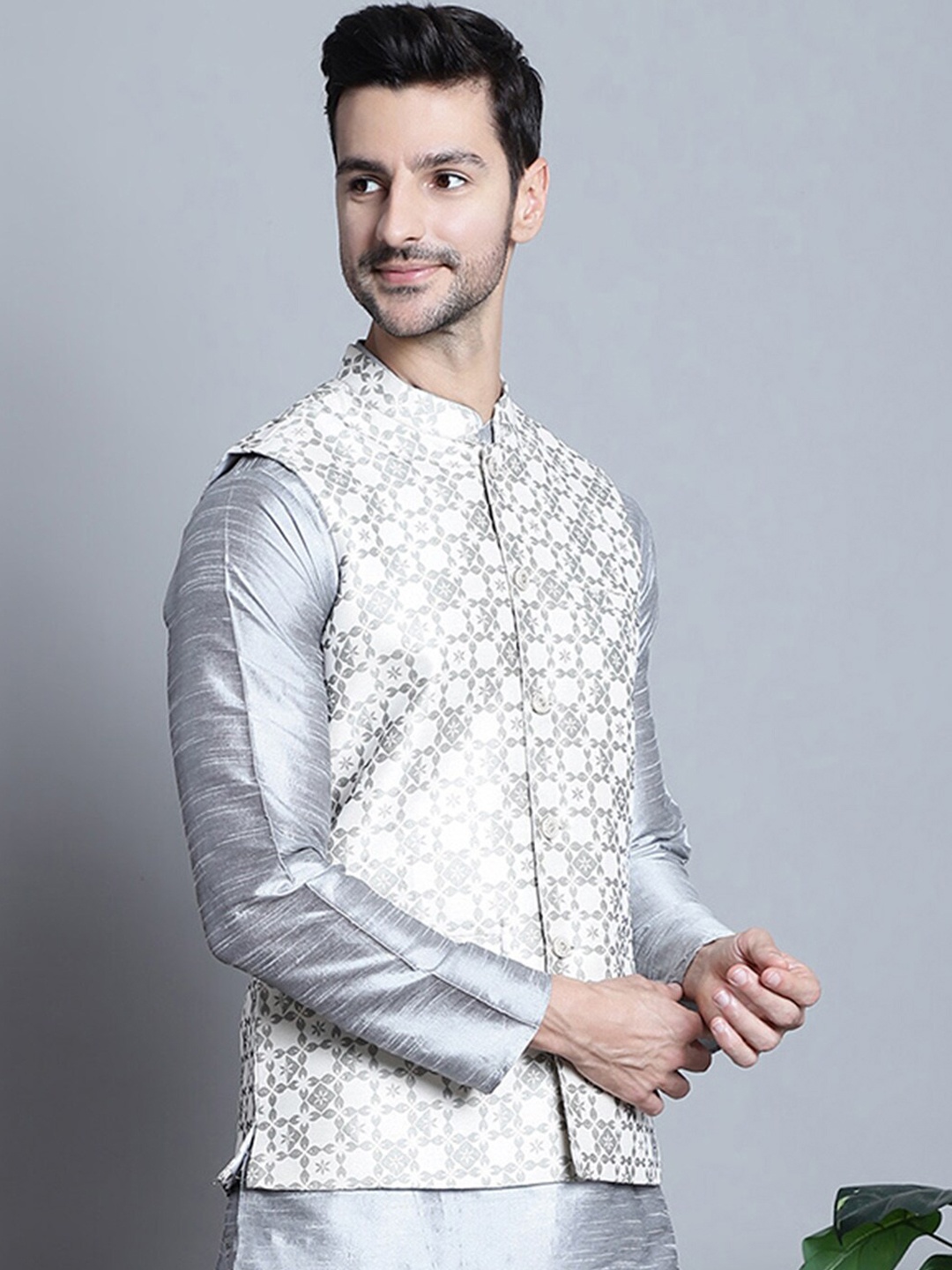 

Jompers Woven Design Nehru Jacket, Cream