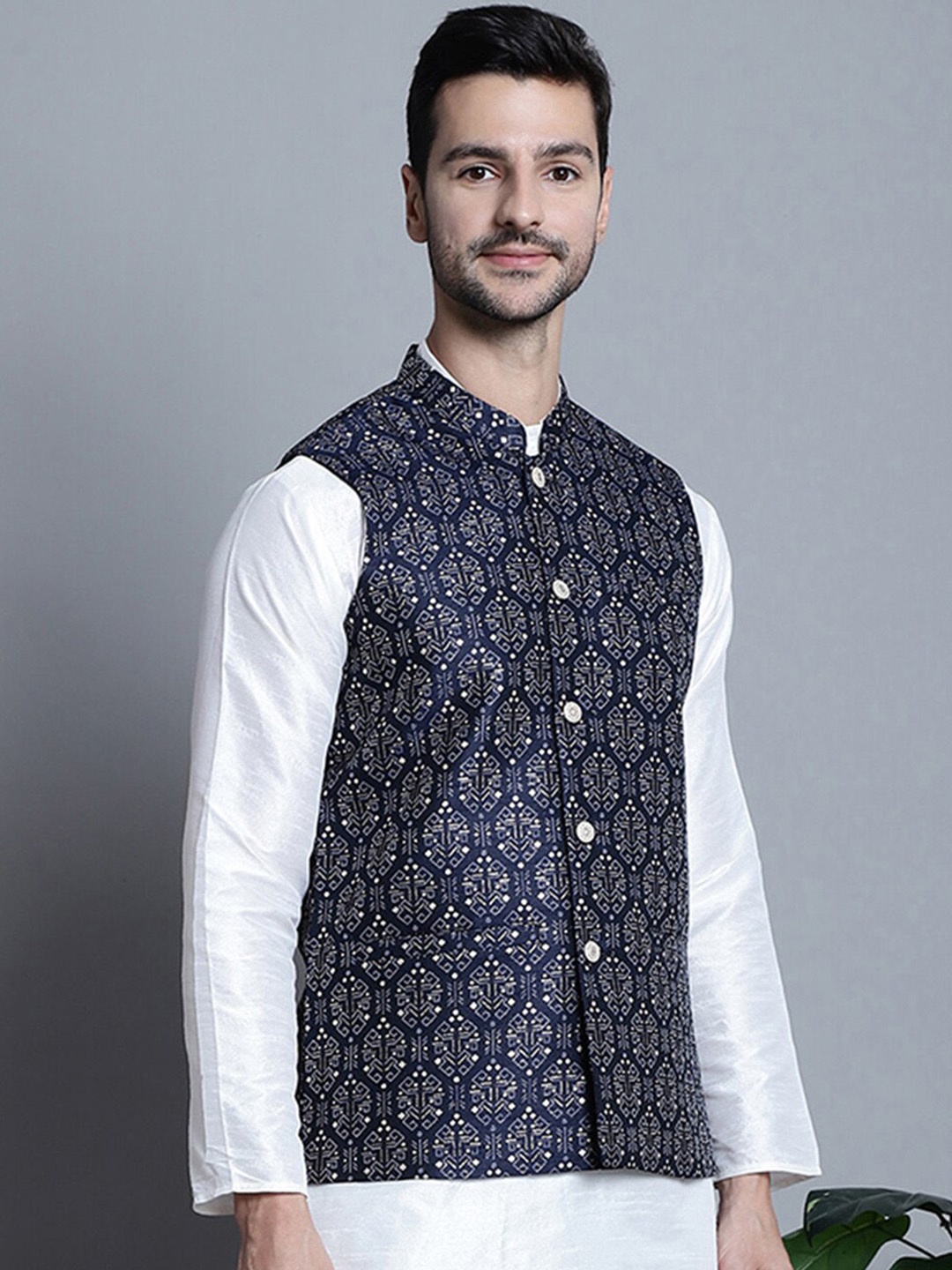 

Jompers Ethnic Motifs Printed Cotton Silk Nehru Jacket, Navy blue