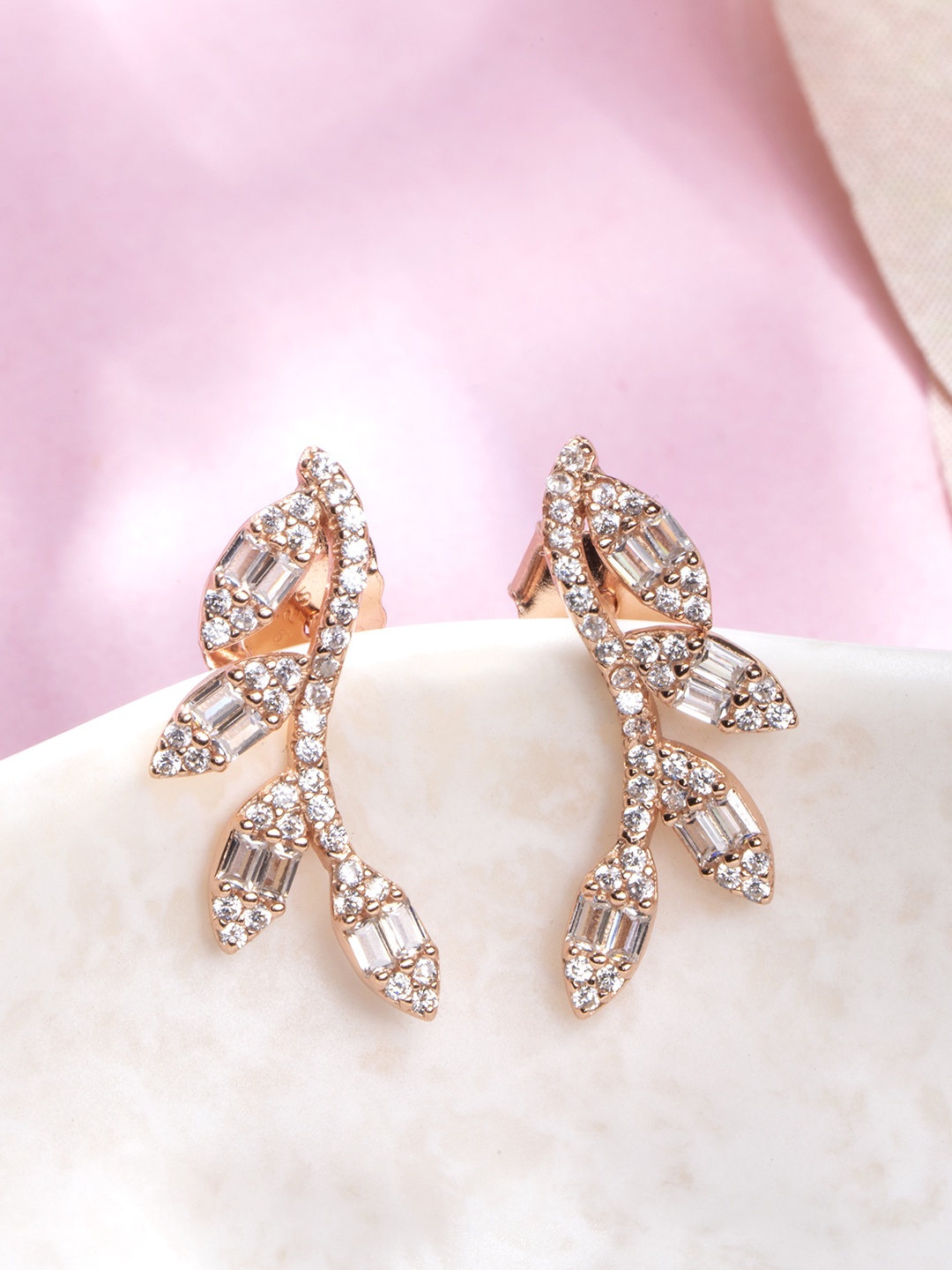 

Zavya Rose Gold-Plated Sterling Silver CZ Studded Leaf Shaped Studs Earrings