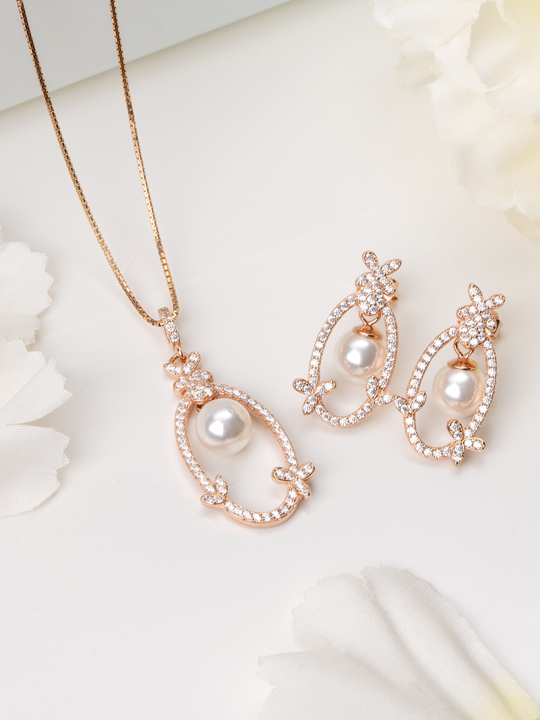 

Zavya Rose Gold-Plated Pearls 925 Pure Sterling Silver Jewellery Set