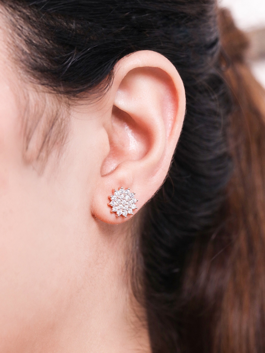 

Zavya Rose Gold-Plated Sterling Silver CZ Studded Floral Studs Earrings