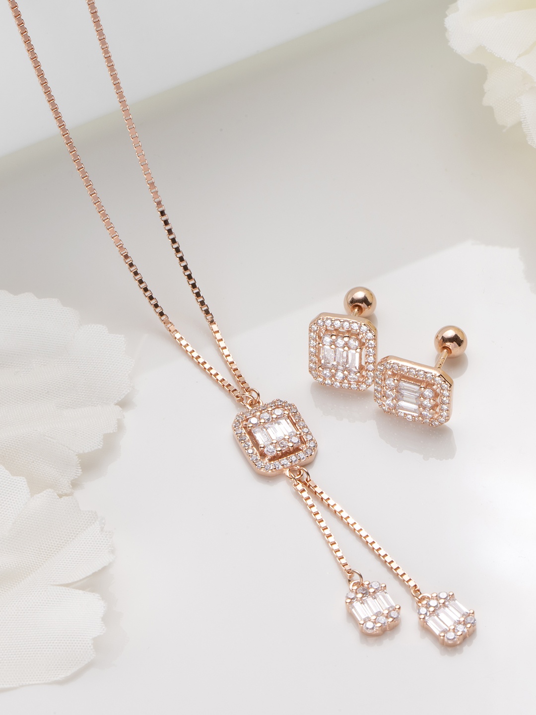 

Zavya Rose Gold-Plated CZ Studded 925 Pure Sterling Silver Jewellery Set