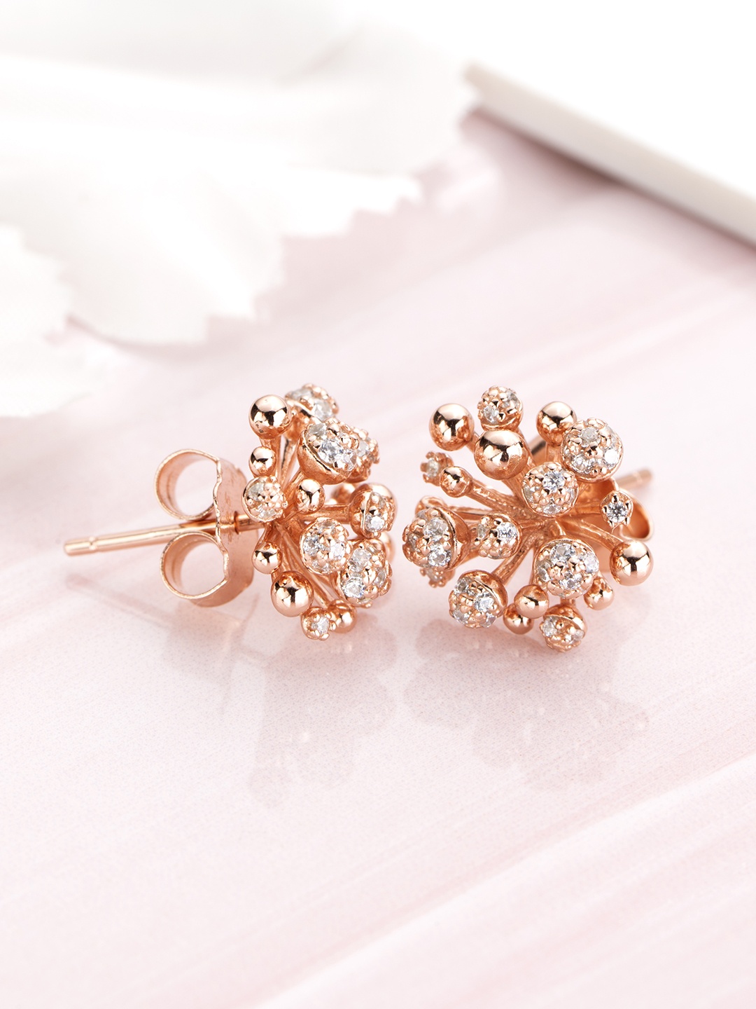 

Zavya Rose Gold-Plated Sterling Silver CZ Studded Floral Studs Earrings