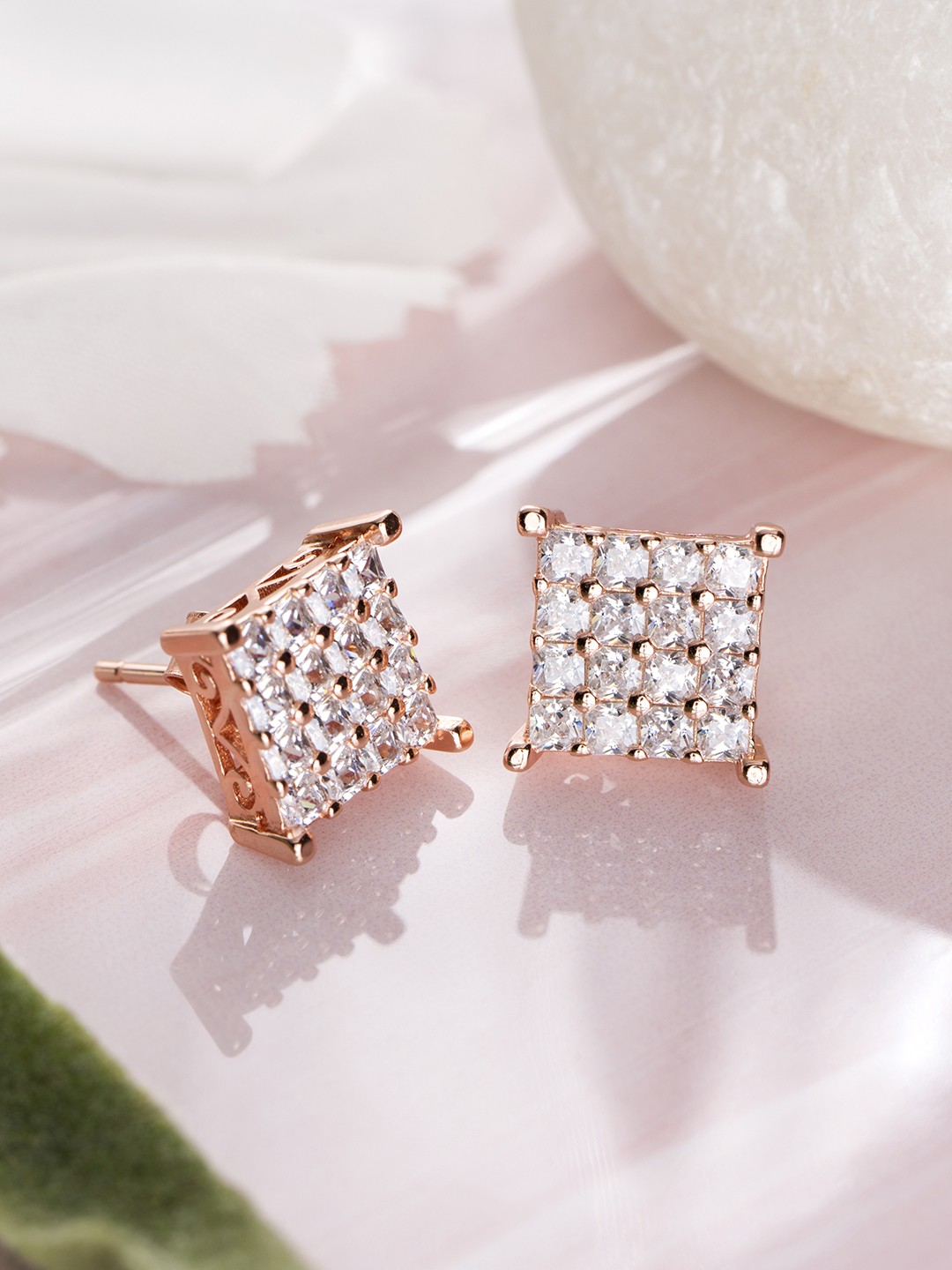 

Zavya Rose Gold-Plated Sterling Silver CZ Studded Square Studs Earrings
