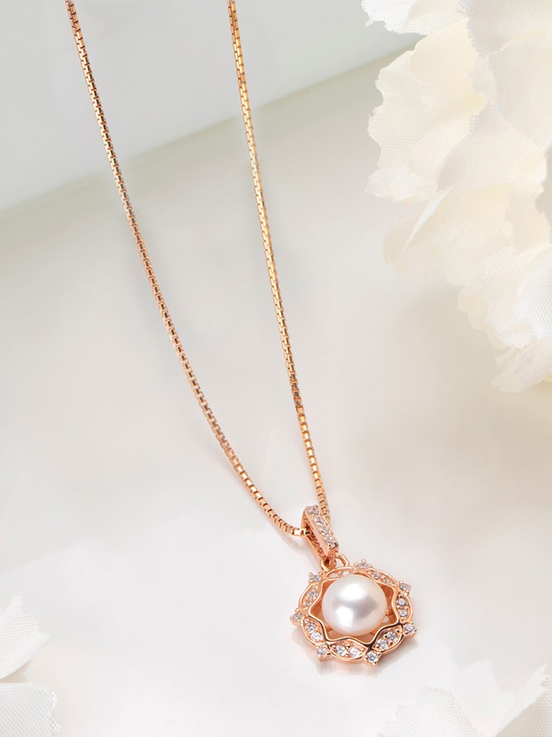 

Zavya Women Rose Gold-Plated Pearl Studded 925 Pure Sterling Silver Pendant