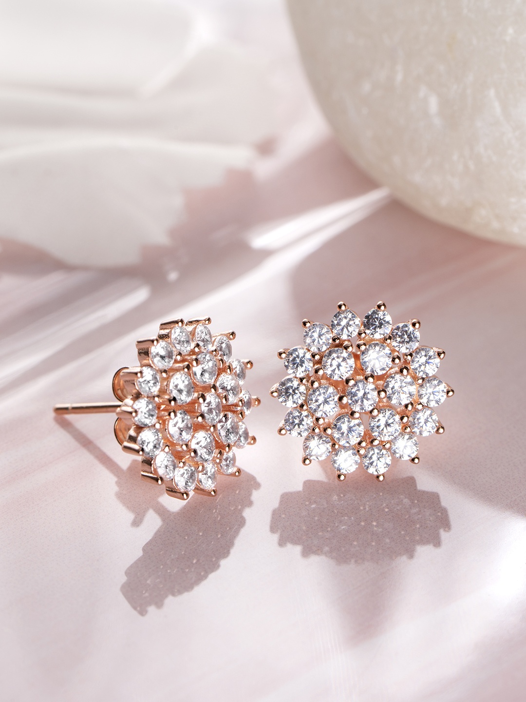 

Zavya Rose Gold-Plated Sterling Silver CZ Studded Floral Studs Earrings