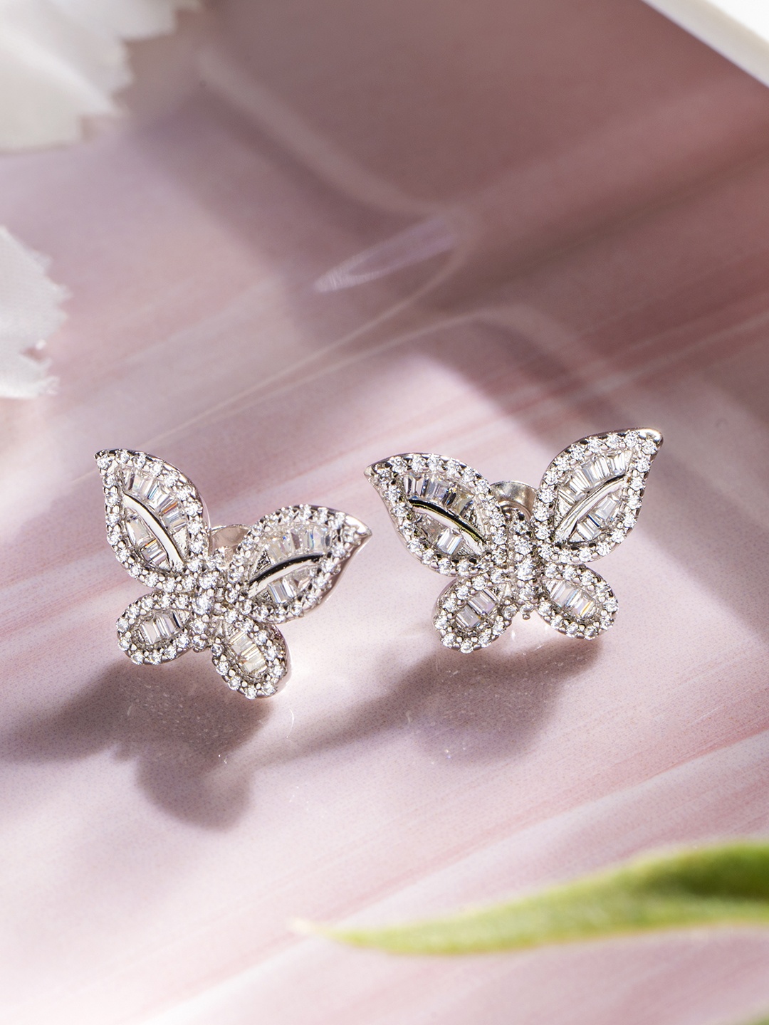 

Zavya Rhodium-Plated Sterling Silver CZ Studded Butterfly Shaped Studs Earrings