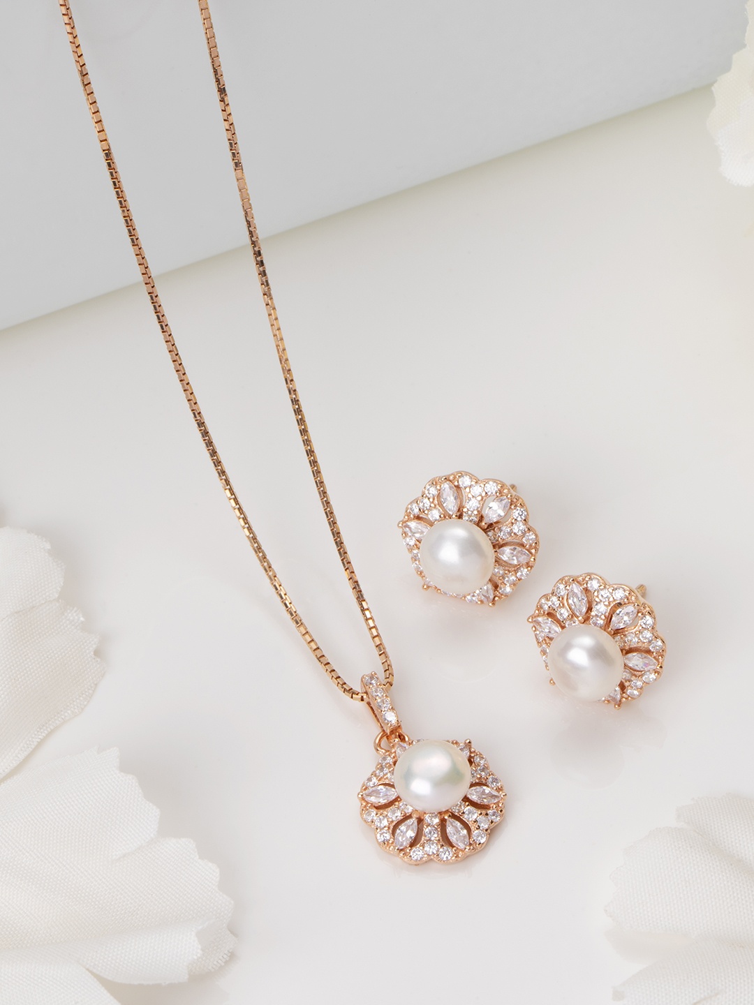 

Zavya Rose Gold-Plated Pearls 925 Pure Sterling Silver Jewellery Set