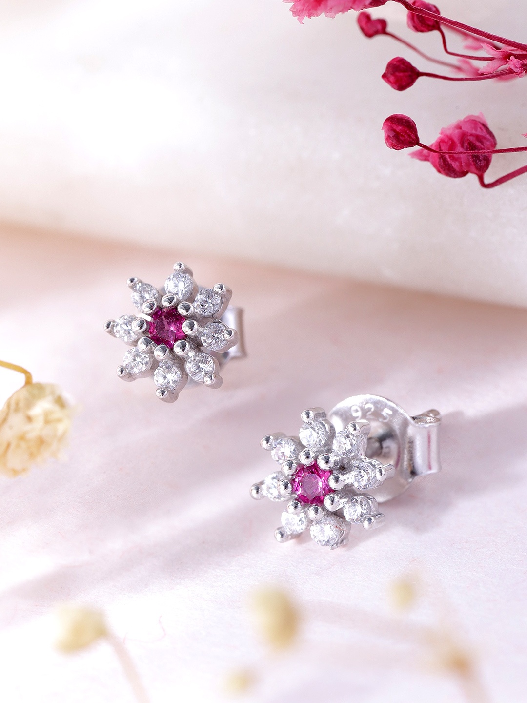 

Zavya Rhodium-Plated Sterling Silver CZ Studded Floral Studs Earrings