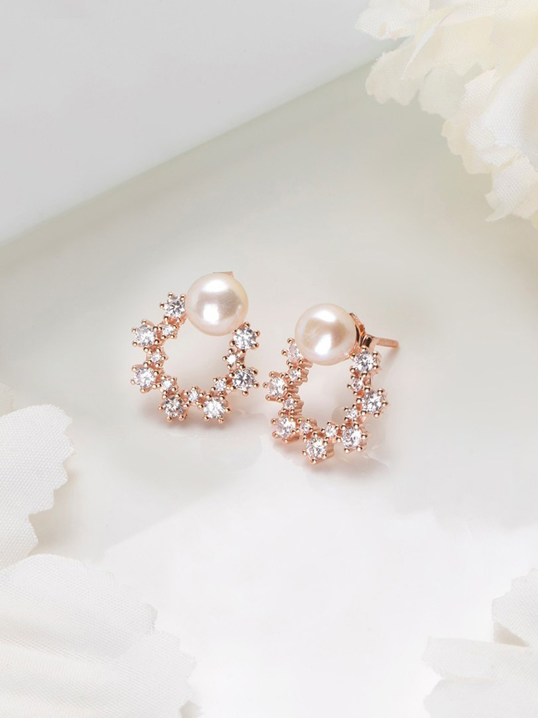

Zavya Rose Gold-Plated Sterling Silver Pearls Studded Floral Studs Earrings