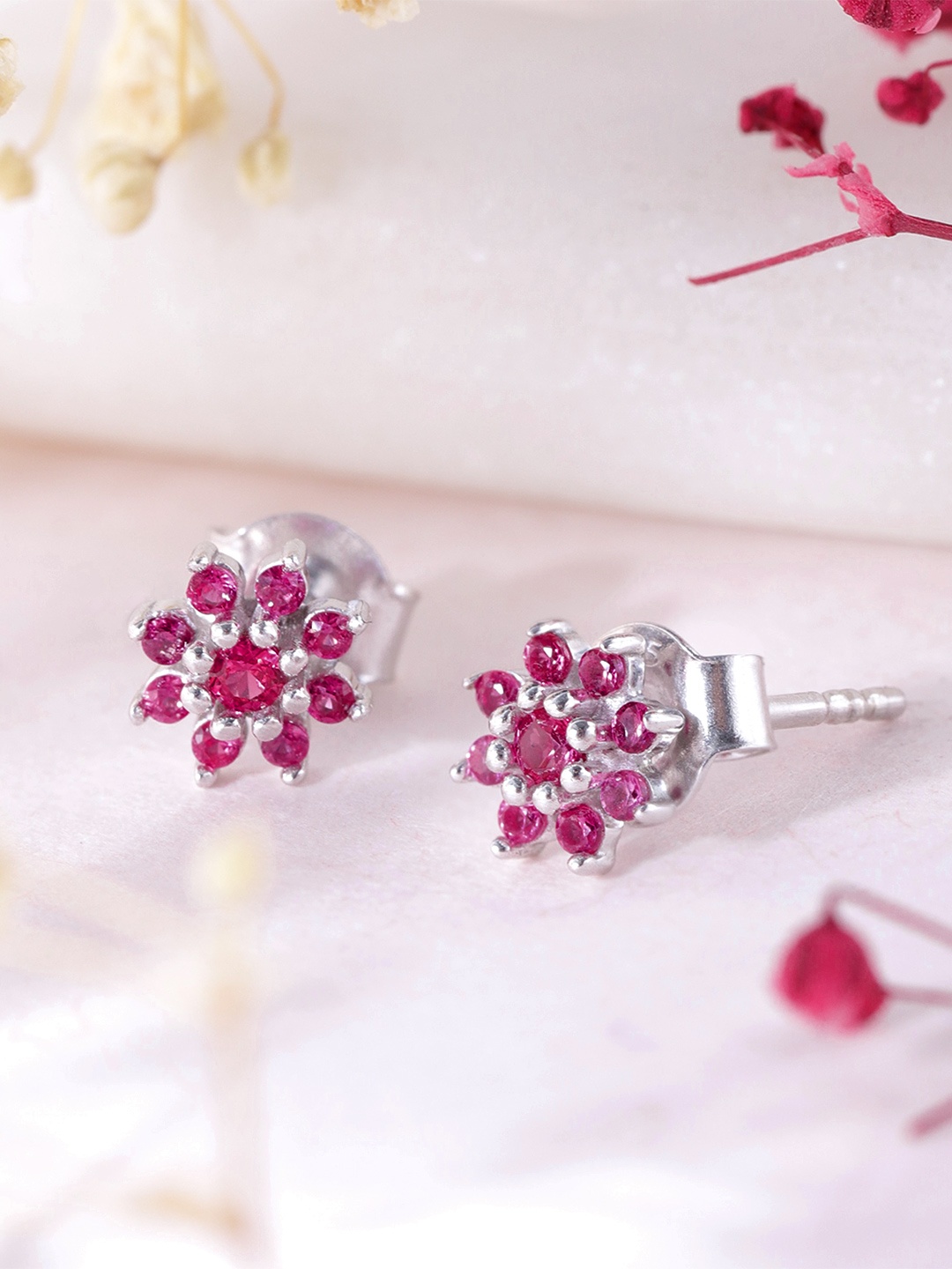 

Zavya Rhodium-Plated Sterling Silver CZ Studded Floral Studs Earrings