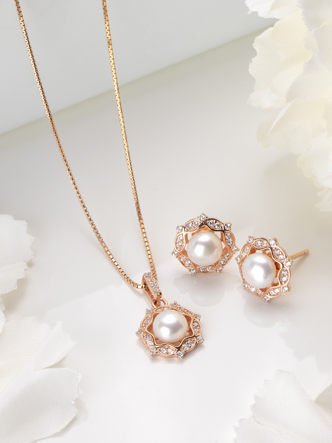 

Zavya Rose Gold-Plated Pearls 925 Pure Sterling Silver Jewellery Set
