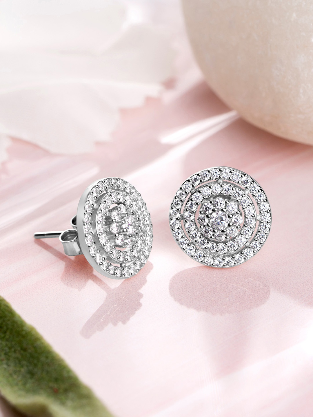 

Zavya Rhodium-Plated Sterling Silver CZ Studded Circular Studs Earrings