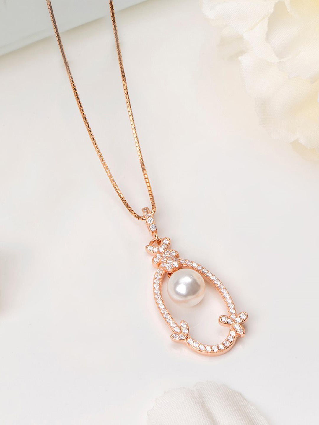 

Zavya Women Rose Gold-Plated Pearl Studded 925 Pure Sterling Silver Pendant