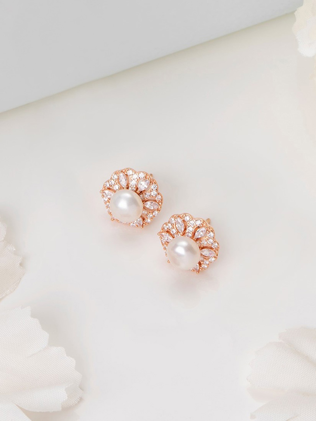 

Zavya Rose Gold-Plated Sterling Silver Pearls Studded Circular Studs Earrings