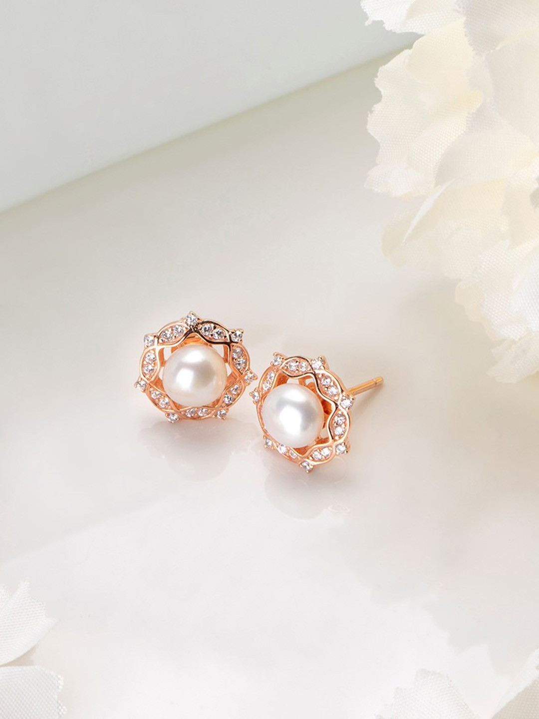 

Zavya Rose Gold-Plated Sterling Silver Pearls Studded Circular Studs Earrings
