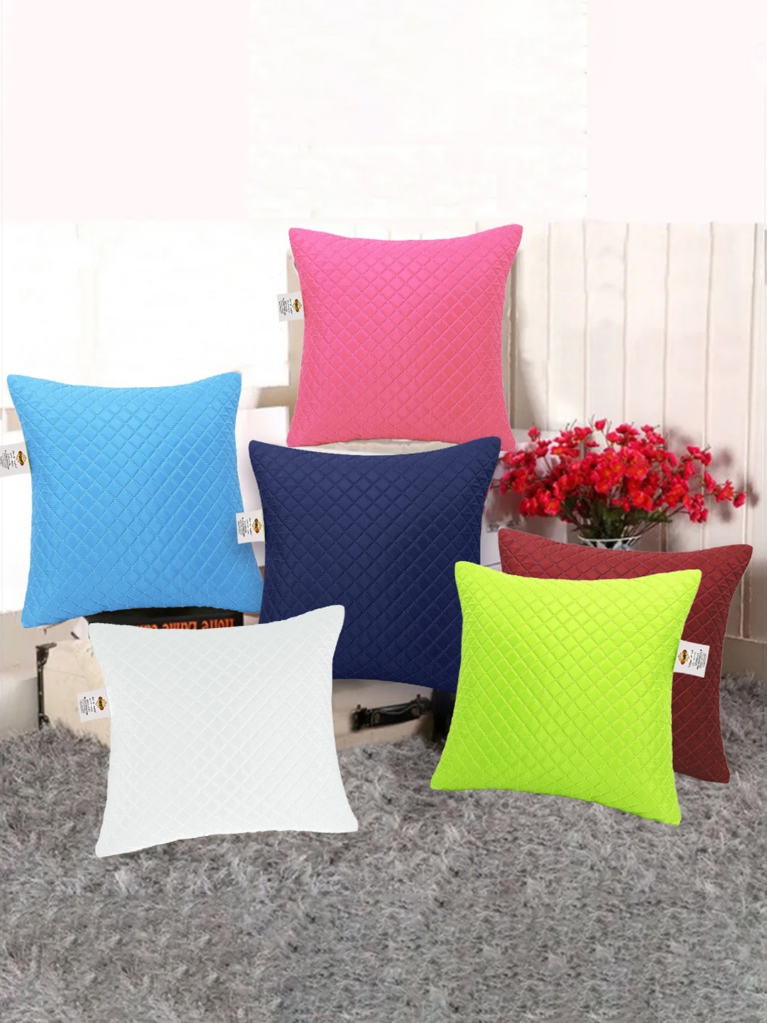 

Adbeni Blue & Pink 6-Pcs Rectangular Quilted Filled Cushion