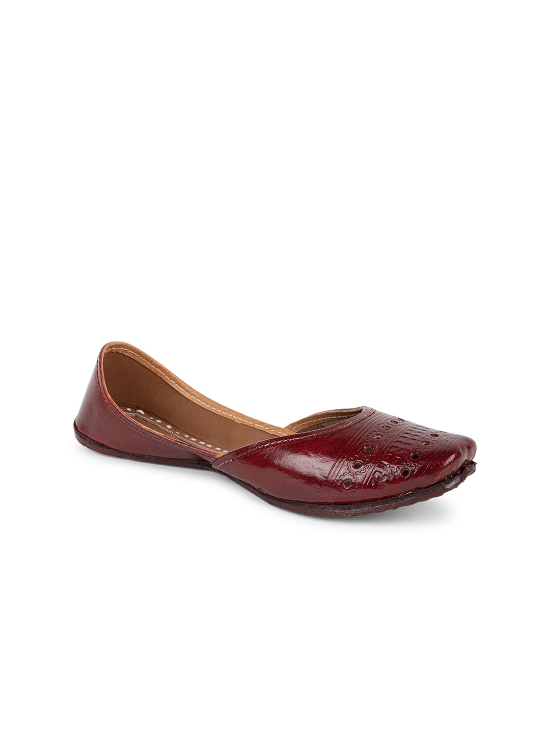 

Ta Chic Textured Leather Square Toe Mojaris With Laser Cuts, Maroon