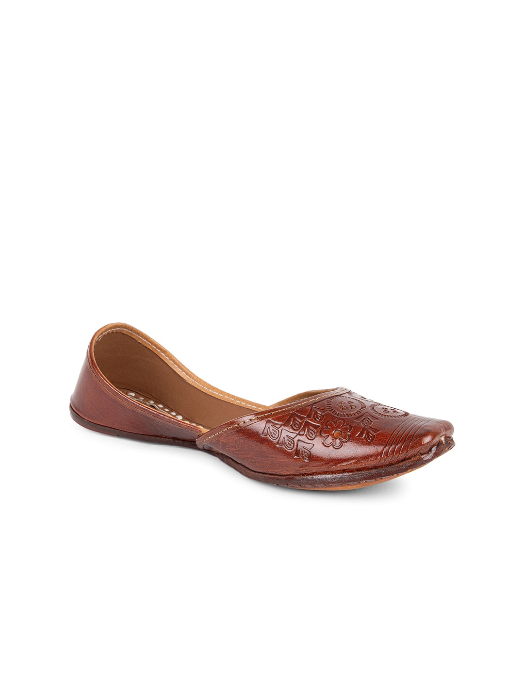 

Ta Chic Textured Leather Square Toe Mojaris With Laser Cuts, Brown