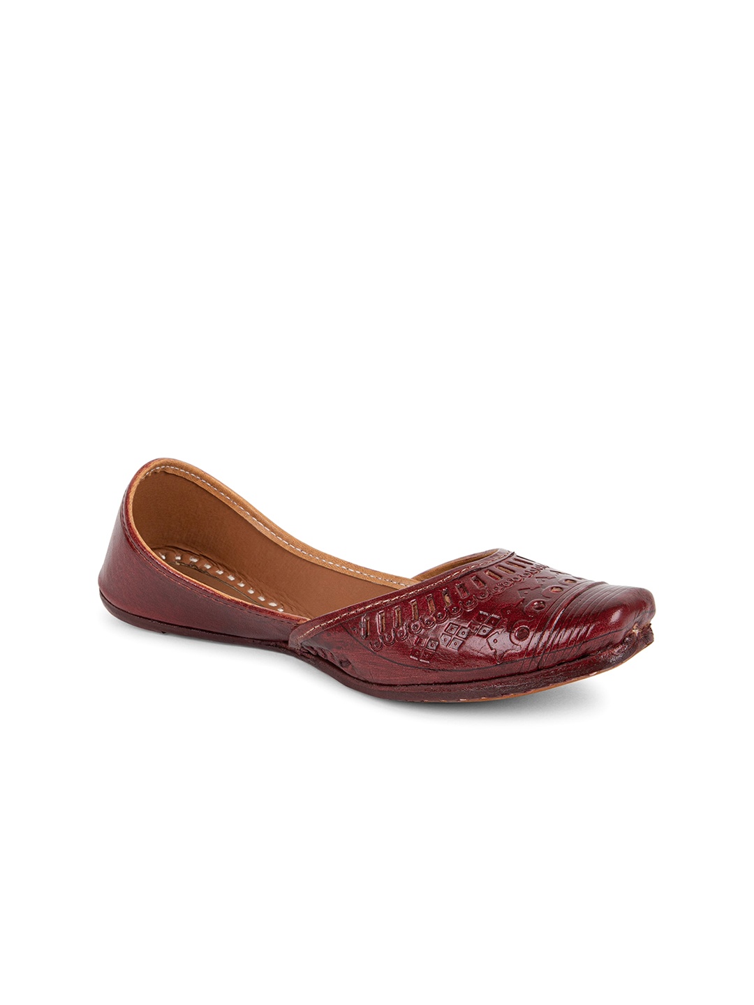 

Ta Chic Square Toe Textured Leather Mojaris With Laser Cuts, Maroon