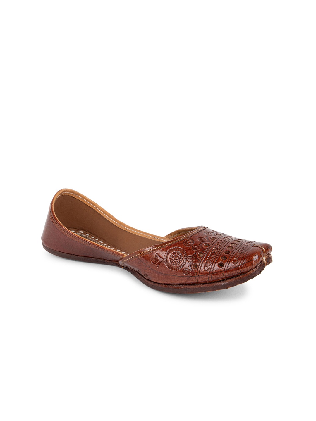 

Ta Chic Textured Leather Square Toe Mojaris With Laser Cuts, Brown