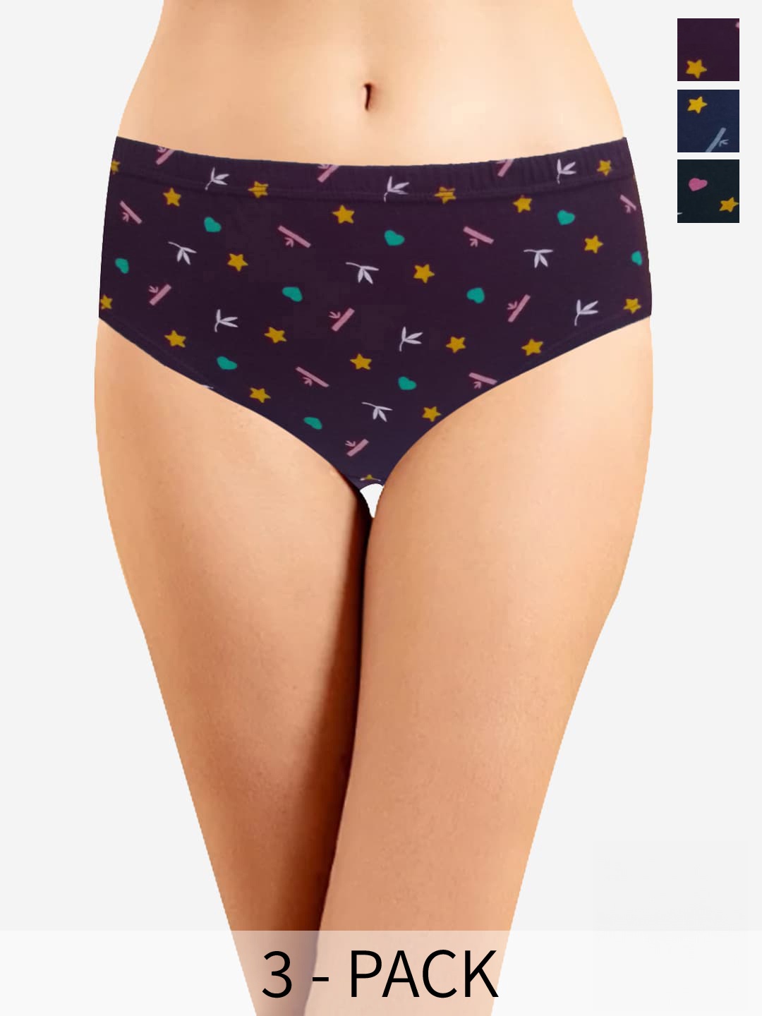 

In Care Pack Of 3 Conversational Printed Pure Cotton Hipster Briefs, Purple