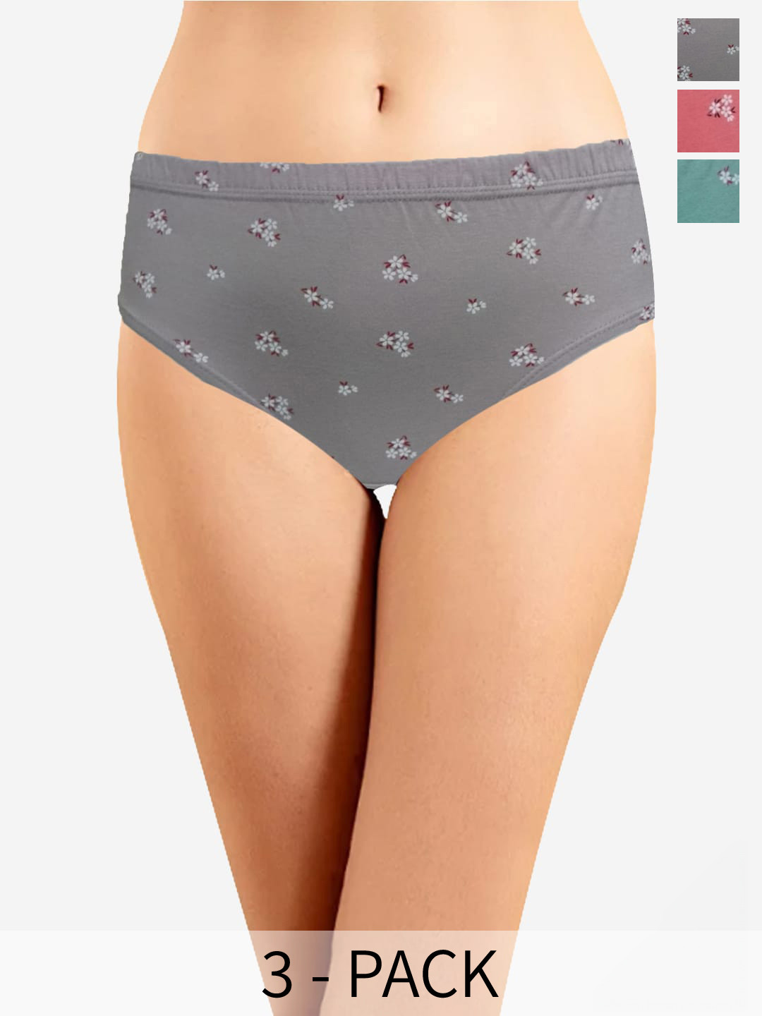 

In Care Pack Of 3 Floral Printed Pure Cotton Hipster Briefs, Grey