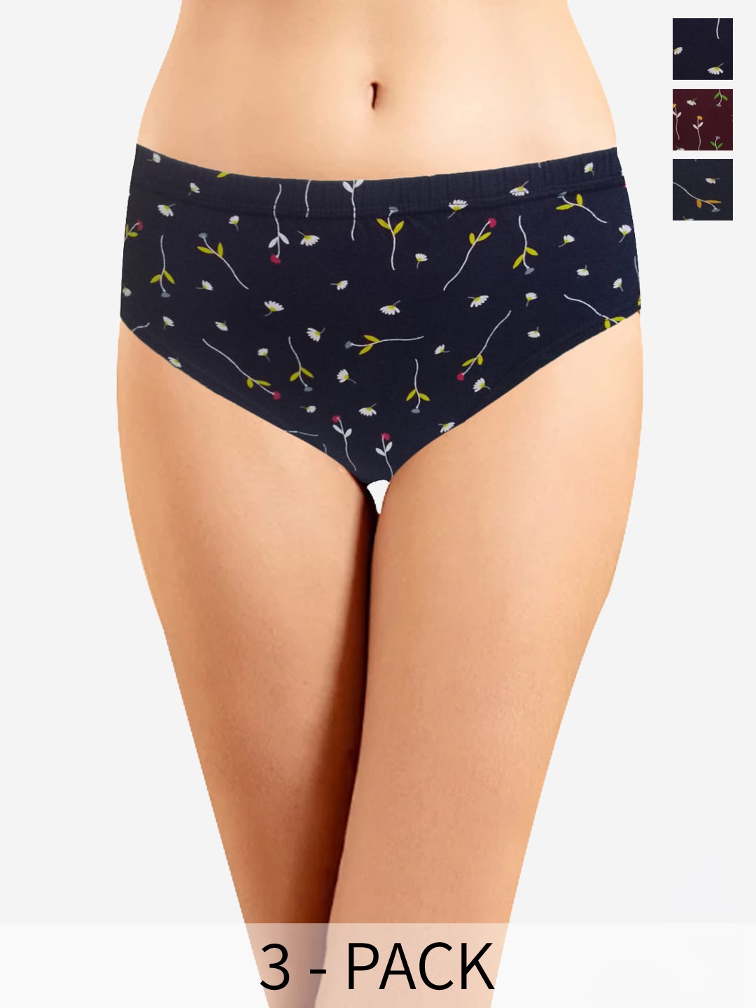 In Care Assorted Pack of 3 Printed Pure Cotton Hipster Briefs, Navy blue