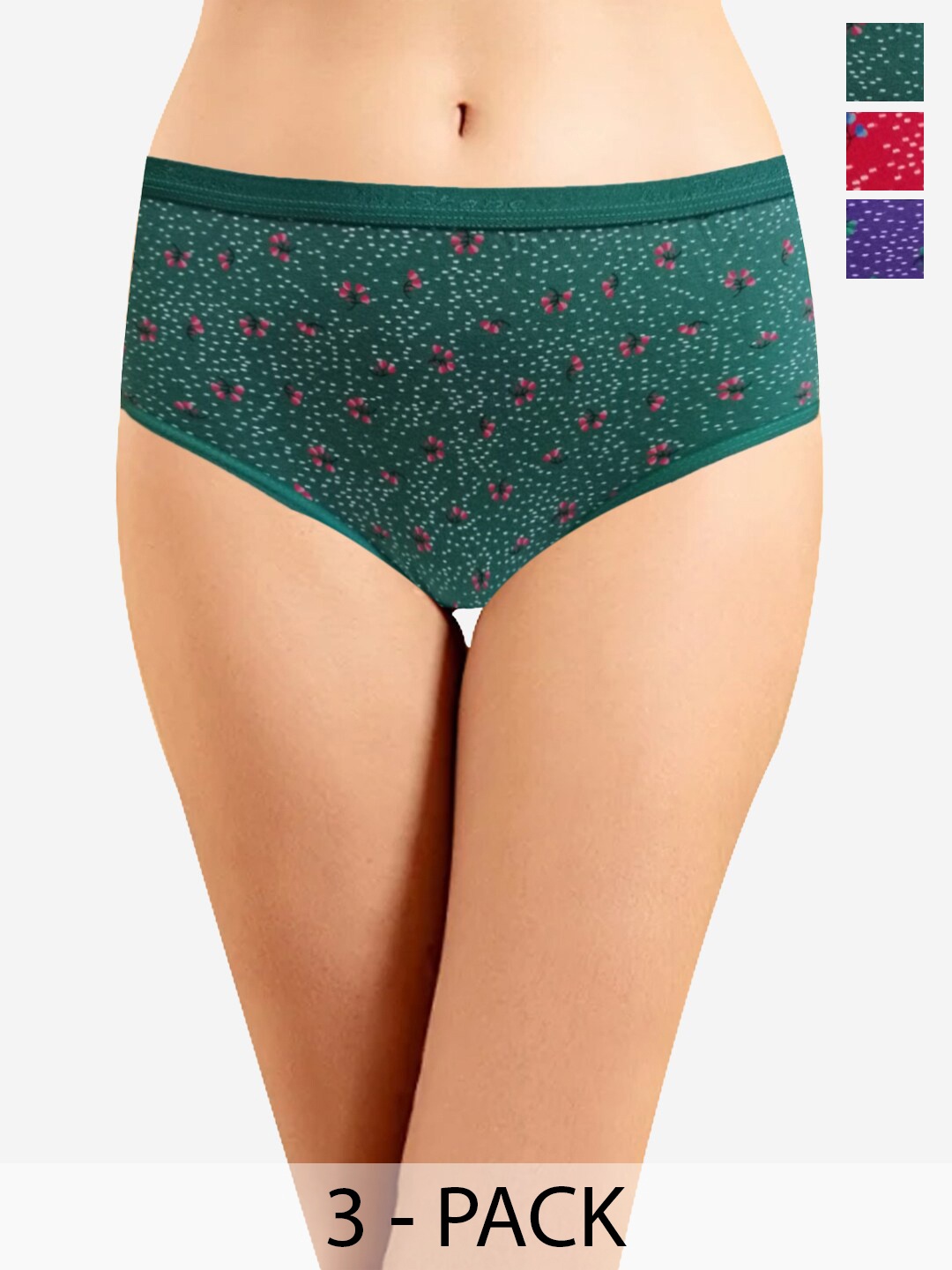 

In Care Pack Of 3 Floral Printed Pure Cotton Hipster Briefs, Green