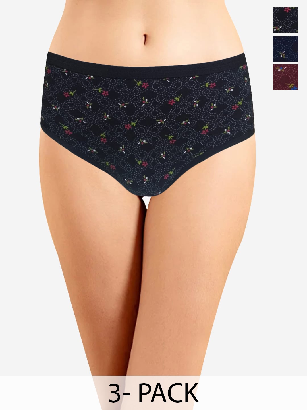 

In Care Pack Of 3 Printed Pure Cotton Hipster Briefs, Black