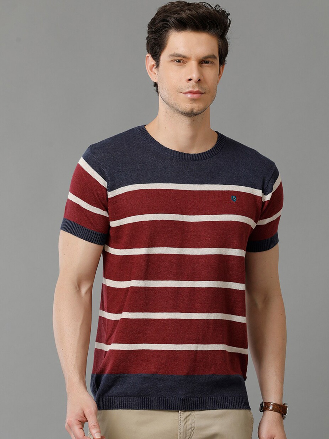 

Linen Club Men Striped Linen Cotton T-shirt, Maroon