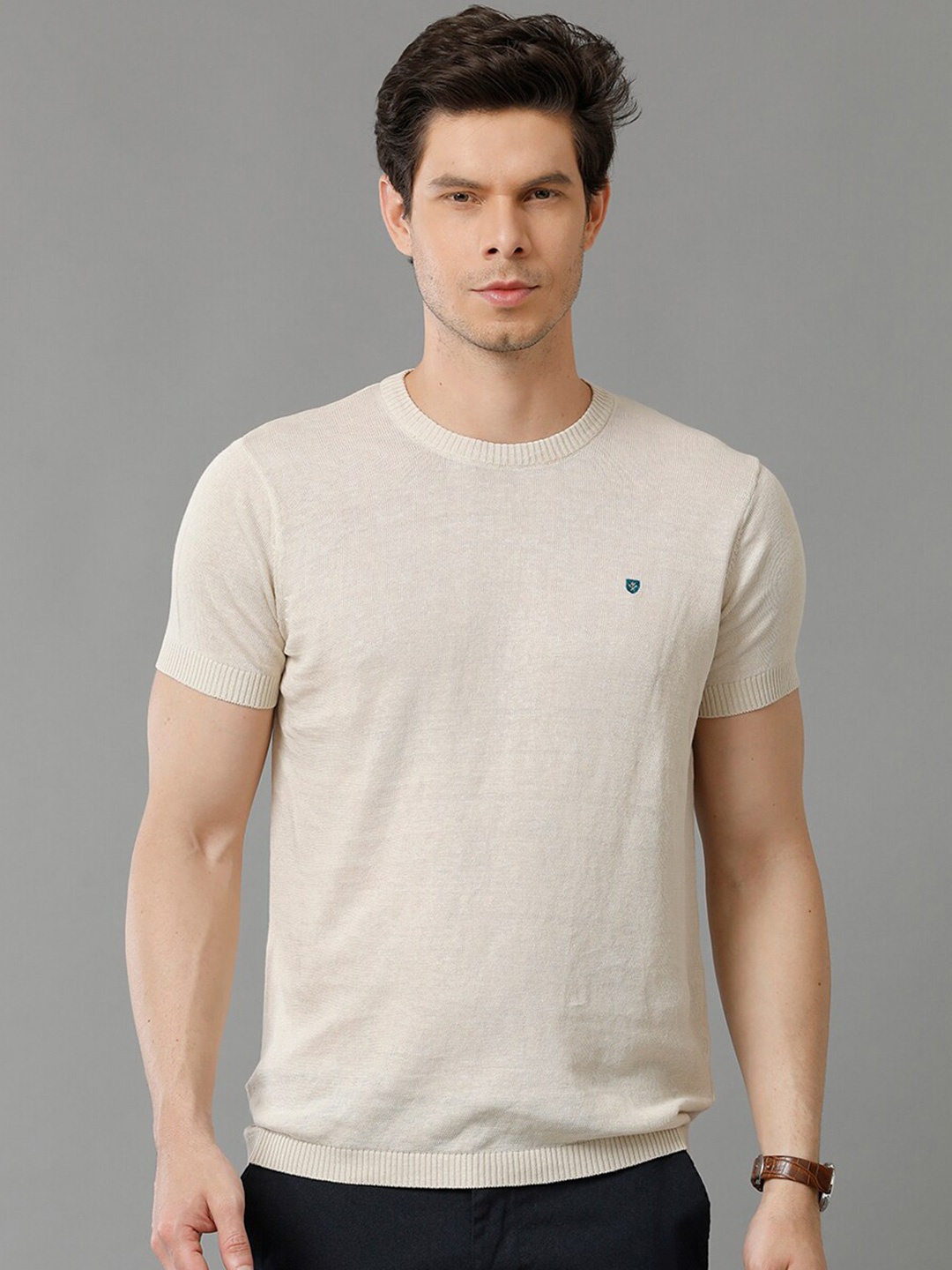

Linen Club Slim Fit Round Neck Antimicrobial Linen Casual T-shirt, Beige