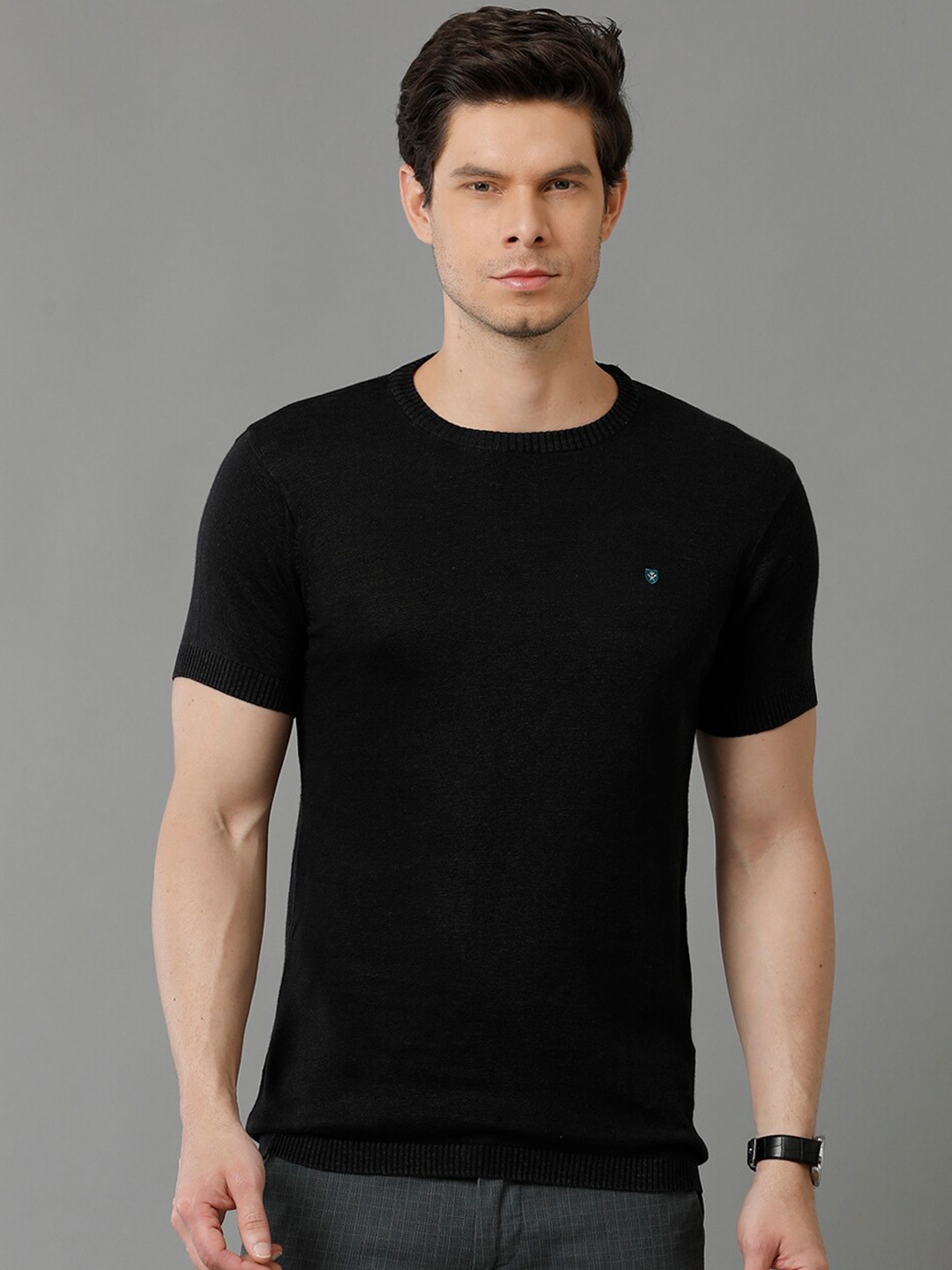 

Linen Club Men Linen Cotton Round Neck T-shirt, Black