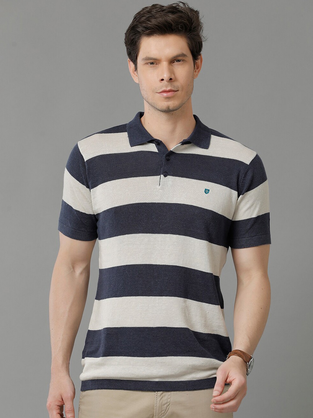 

Linen Club Men Striped Polo Collar Linen Cotton T-shirt, Blue