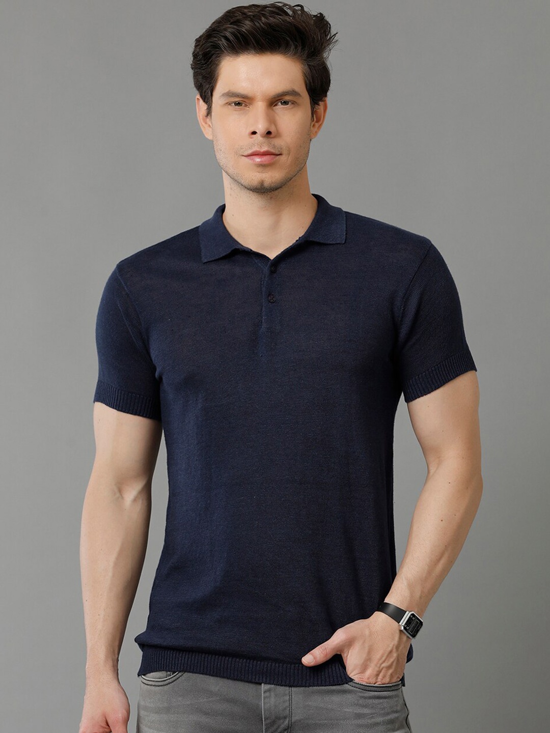 

Linen Club Polo Collar Linen Cotton T-shirt, Blue