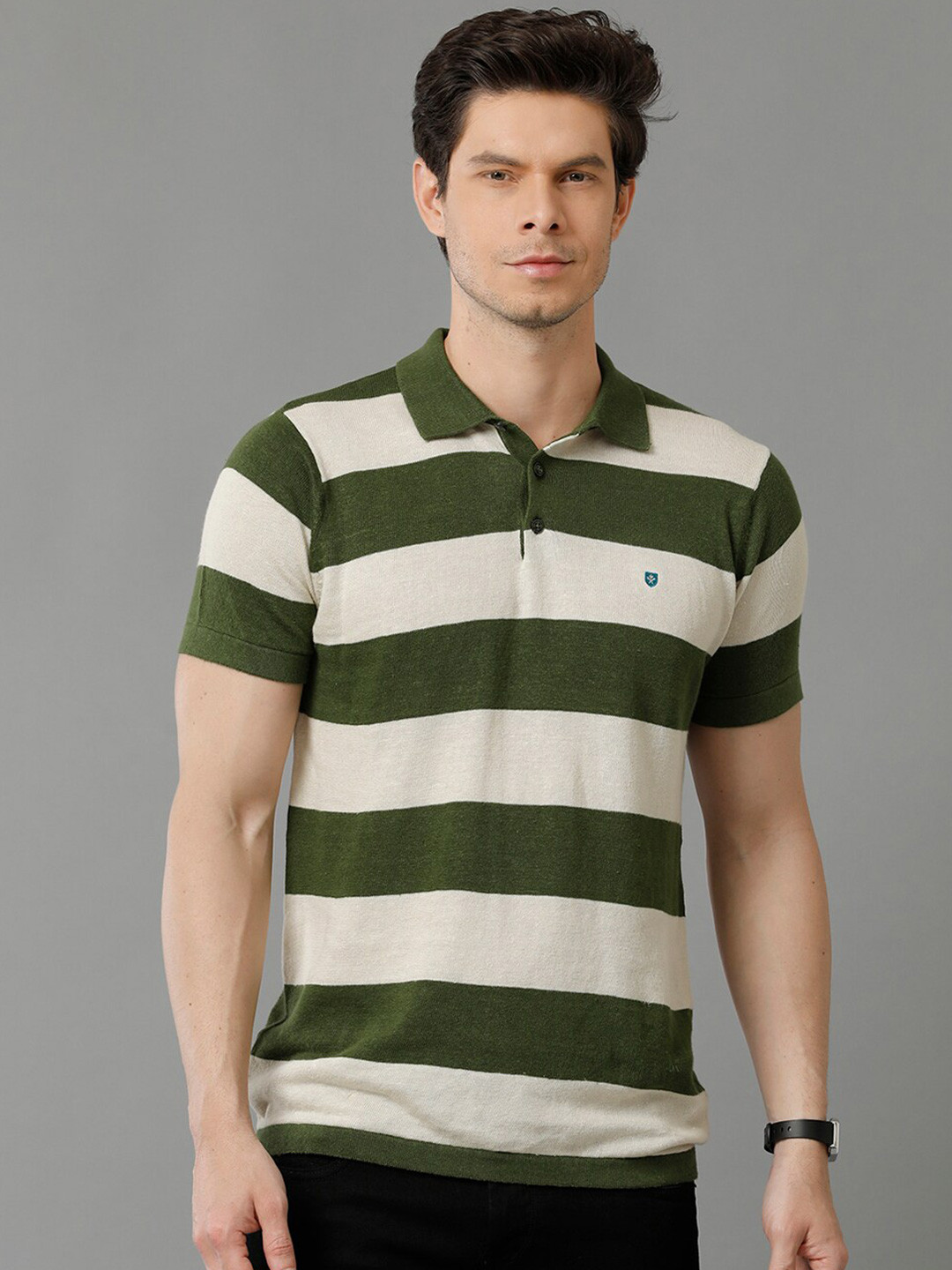 

Linen Club Slim Fit Striped Polo Collar Antimicrobial Linen Casual T-shirt, Green