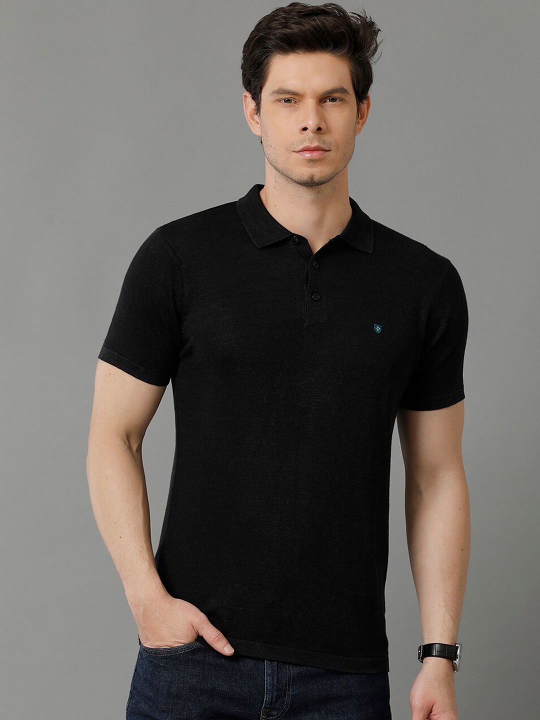 

Linen Club Polo Collar Antimicrobial Cotton Linen T-shirt, Black