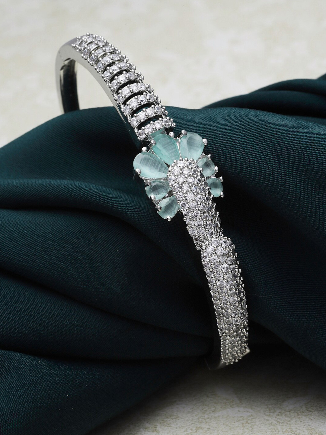 

ZENEME Rhodium-Plated American Diamond Brass Kada Bracelet, Silver