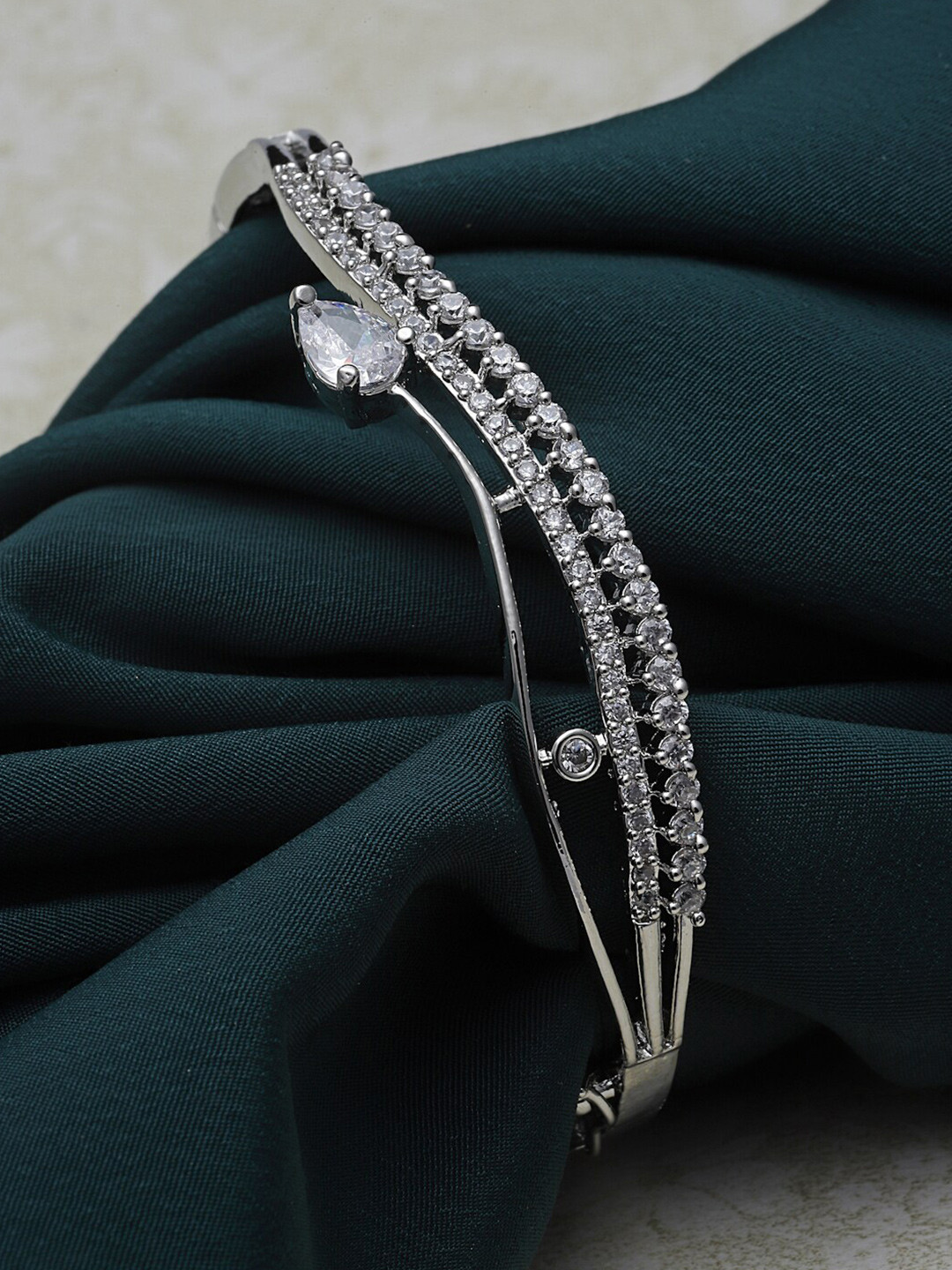 

ZENEME Rhodium-Plated American Diamond Studded Kada Bracelet, Silver