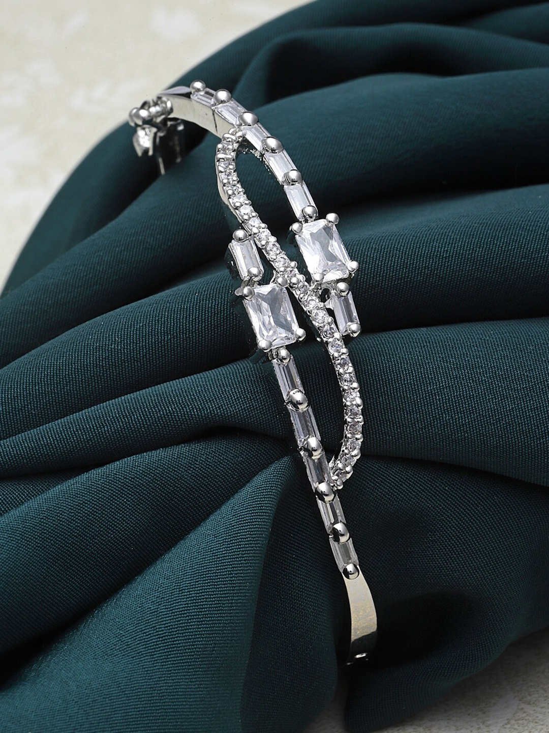 

ZENEME Rhodium-Plated American Diamond Kada Bracelet, Silver