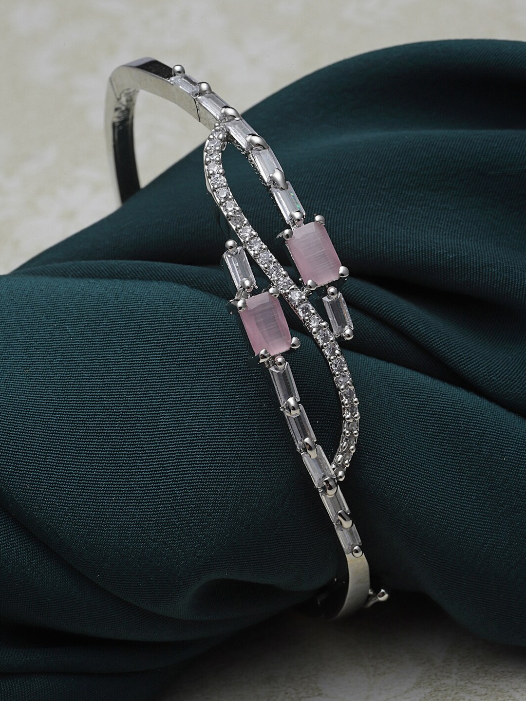 

ZENEME Rhodium-Plated American Diamond Brass Kada Bracelet, Silver