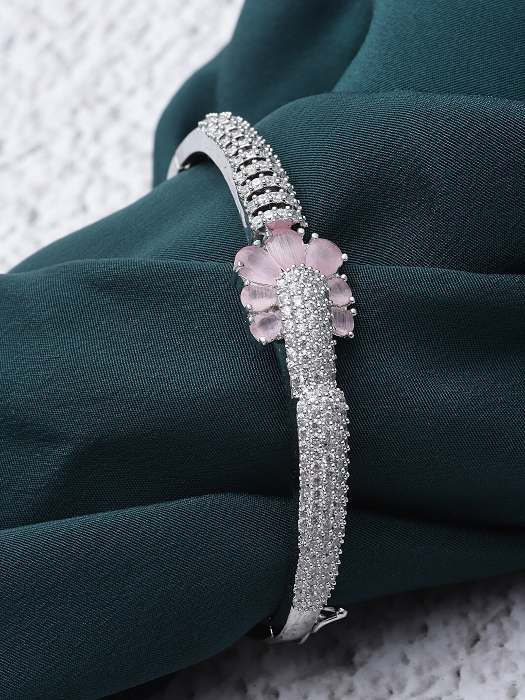 

ZENEME Rhodium-Plated American Diamond Brass Kada Bracelet, Silver
