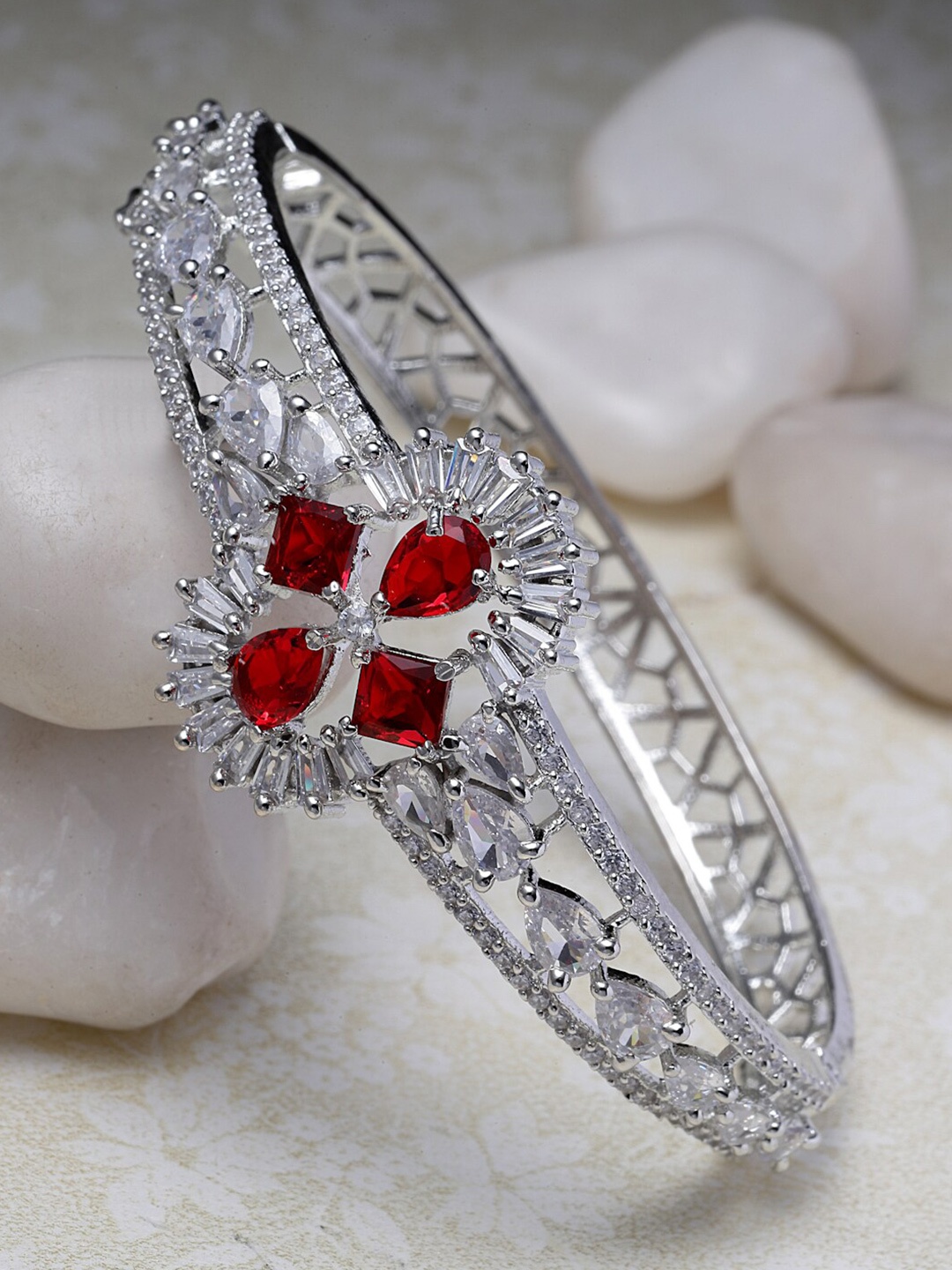

ZENEME Rhodium-Plated American Diamond Bangle-Style Bracelet, Silver