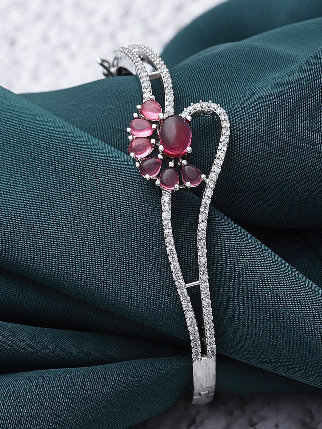 

ZENEME Rhodium-Plated American Diamond Kada Bracelet, Silver