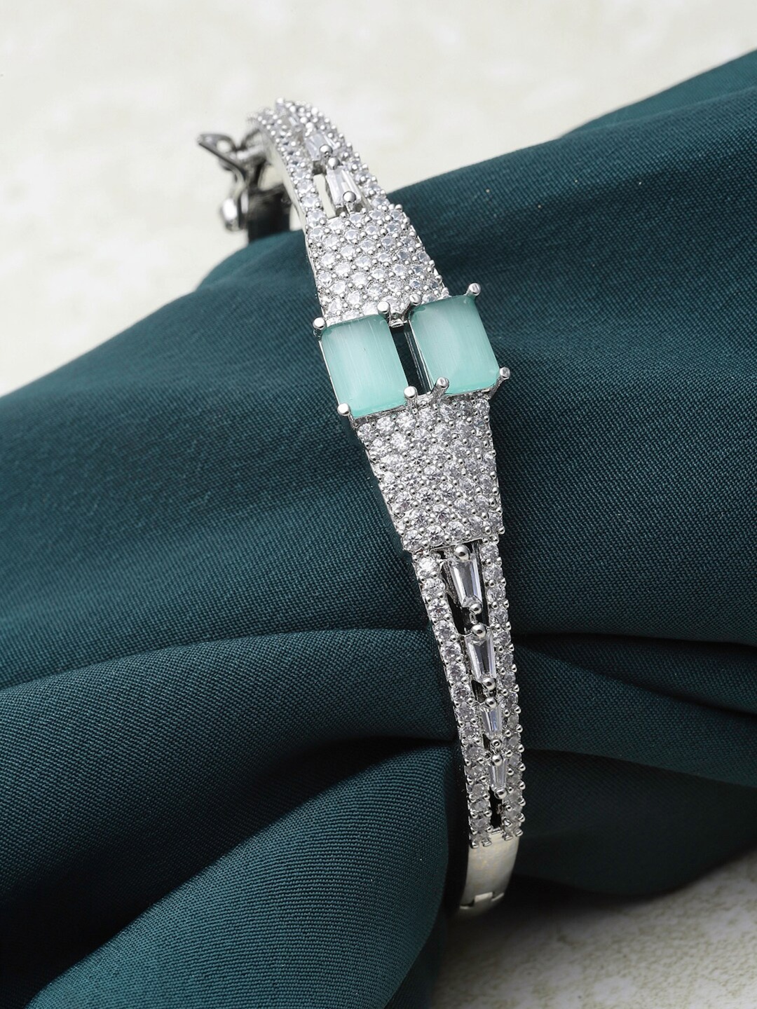 

ZENEME Rhodium-Plated American Diamond Brass Kada Bracelet, Silver