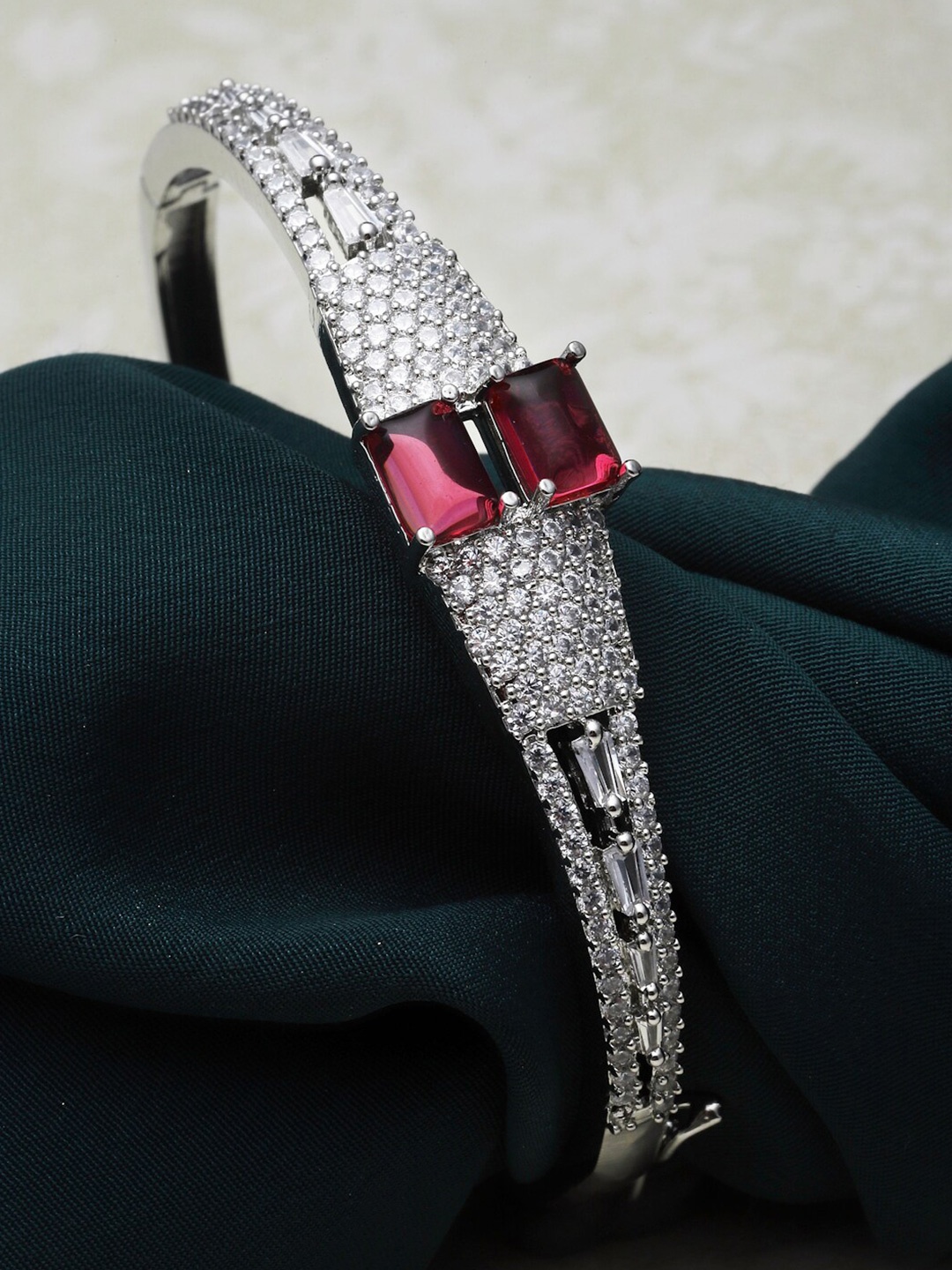 

ZENEME Rhodium-Plated American Diamond Bangle-Style Bracelet, Silver