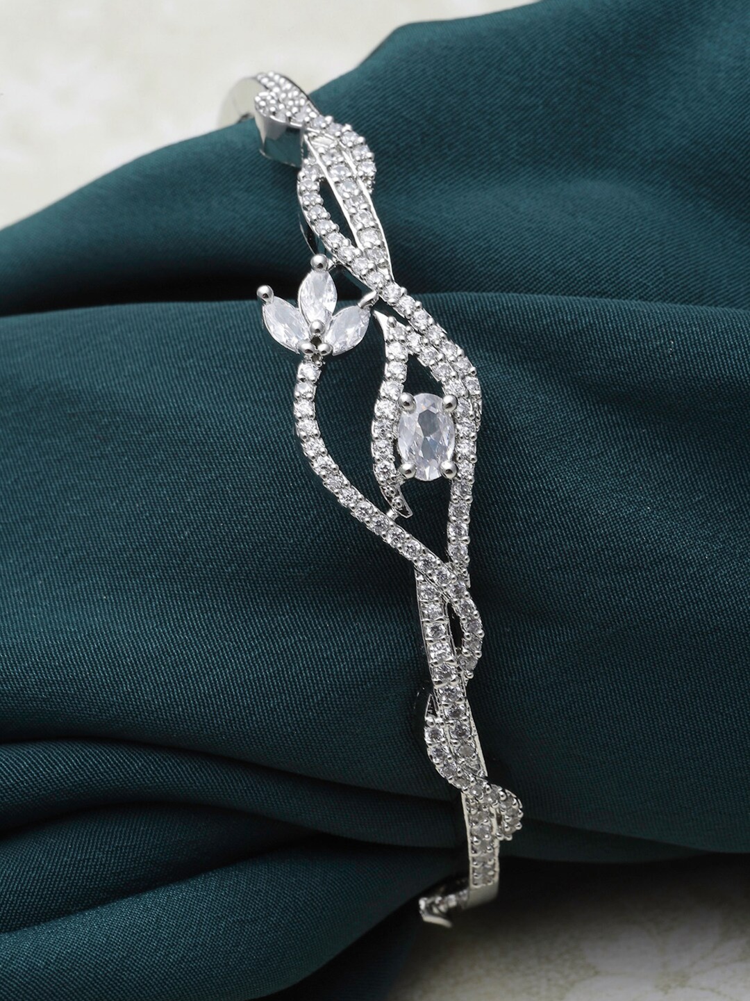 

ZENEME Brass American Diamond Rhodium-Plated Kada Bracelet, Silver