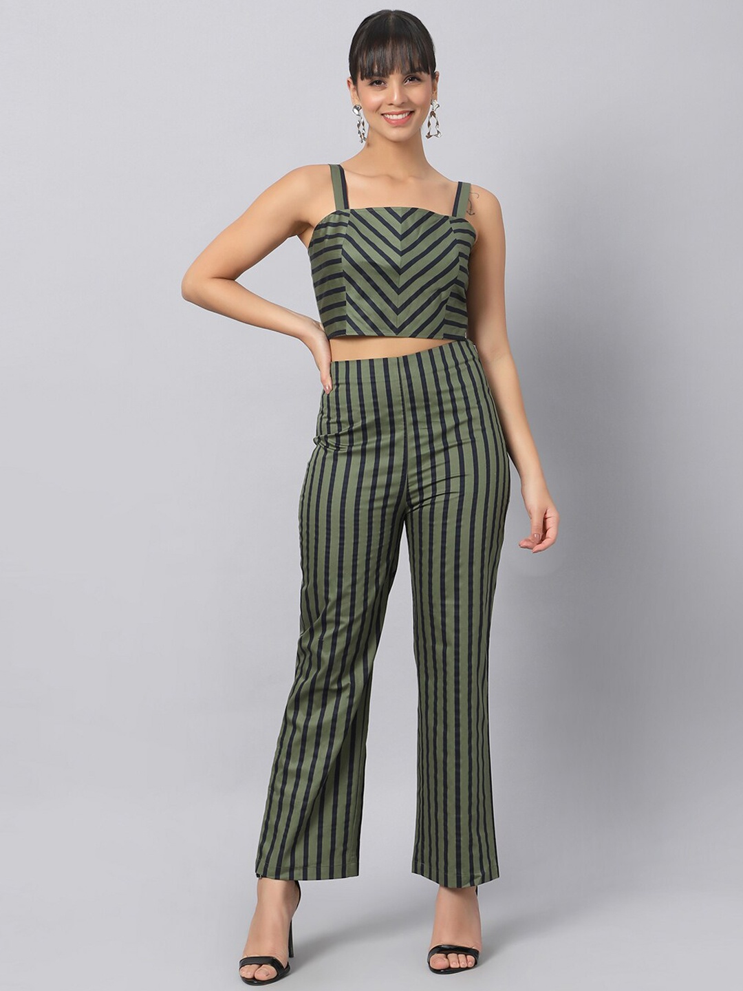 

OUI Striped Shoulder Straps Crop Top With Striped Trousers, Green